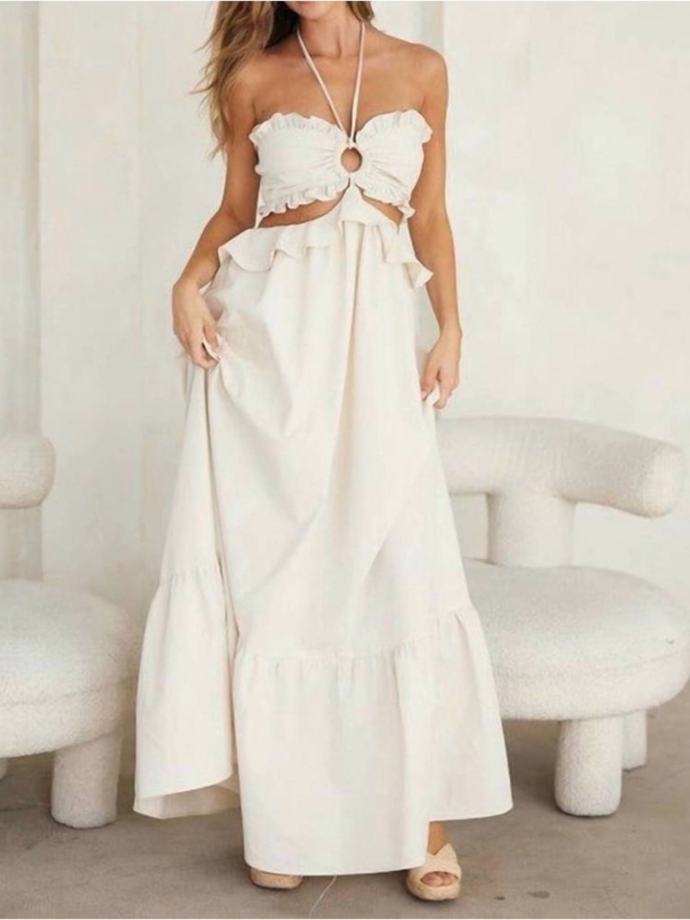 Women's Cream Midi Cutout Ruffle Dress